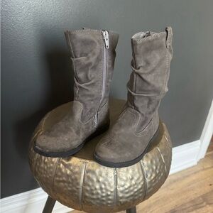 Place gray suede mid calf boots